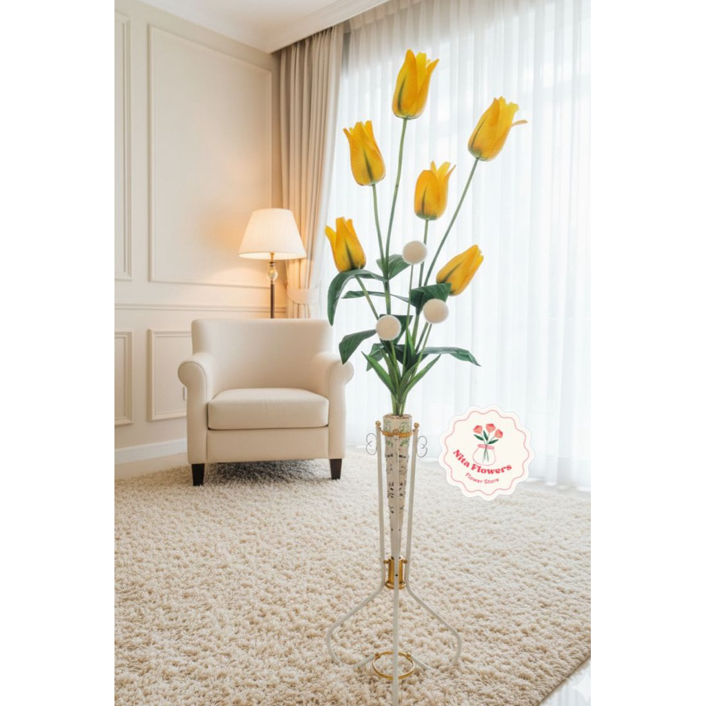 Bunga Tulip Jumbo Pompom  Articifial Satu Set Dengan Pot Standing Besi Bunga Sudut Ruangan