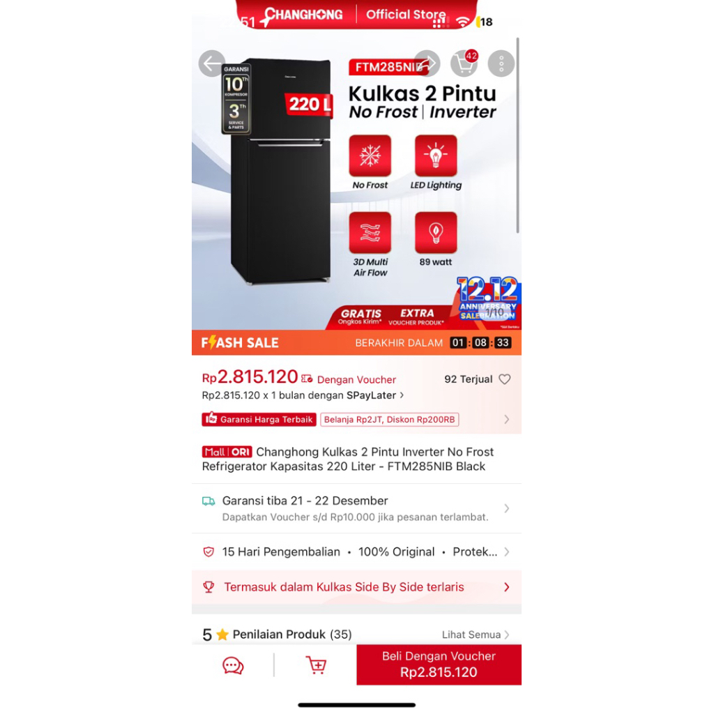 CHANGHONG KULKAS 2 PINTU PRELOVED