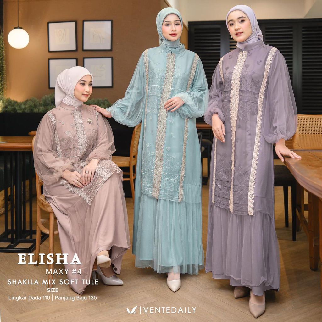 Gamis Maxy Dress Original VENTE DAILY ELISHA Premium Shakila Mix Soft Tule Mewah Elegan Lengan Balon