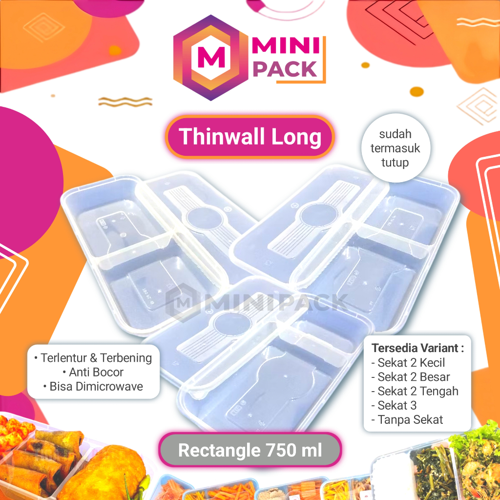 Thinwall Long 750ml Wadah Makan Makanan Panjang Sekat 2 3 Tanpa Besar Kecil Sekat2 Sekat3 Kotak Nasi
