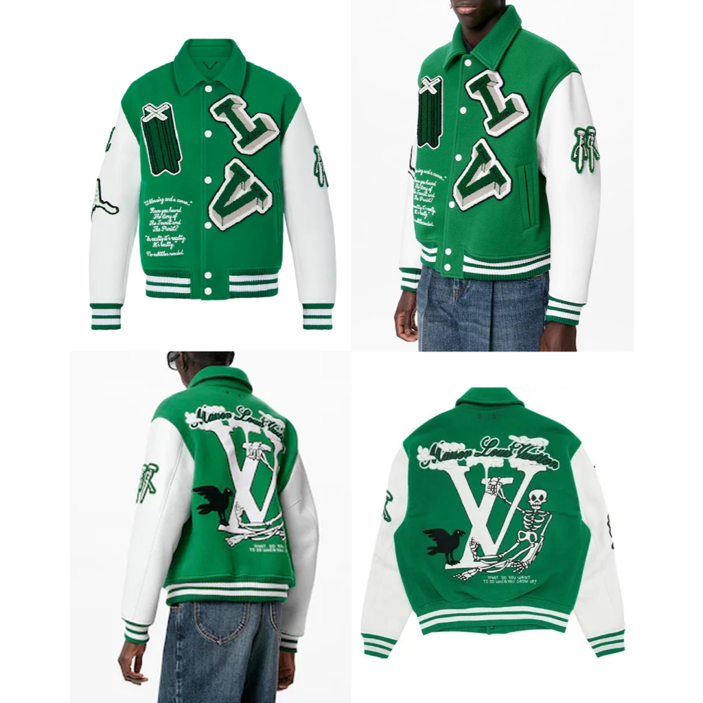 LOUIS VUITTON Green Varsity Patchwork Jacket Patches Embroidery Leather Green Monogram LV Cowskin Wo
