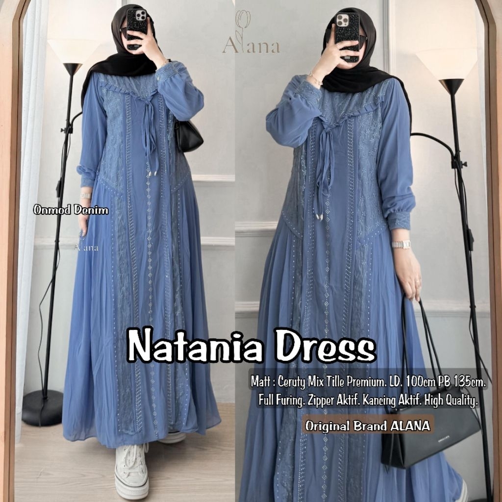 Alana -Natania Dress Wanita Ceruty Mix Tille Premium FullFuring • Zipper Kancing Aktif