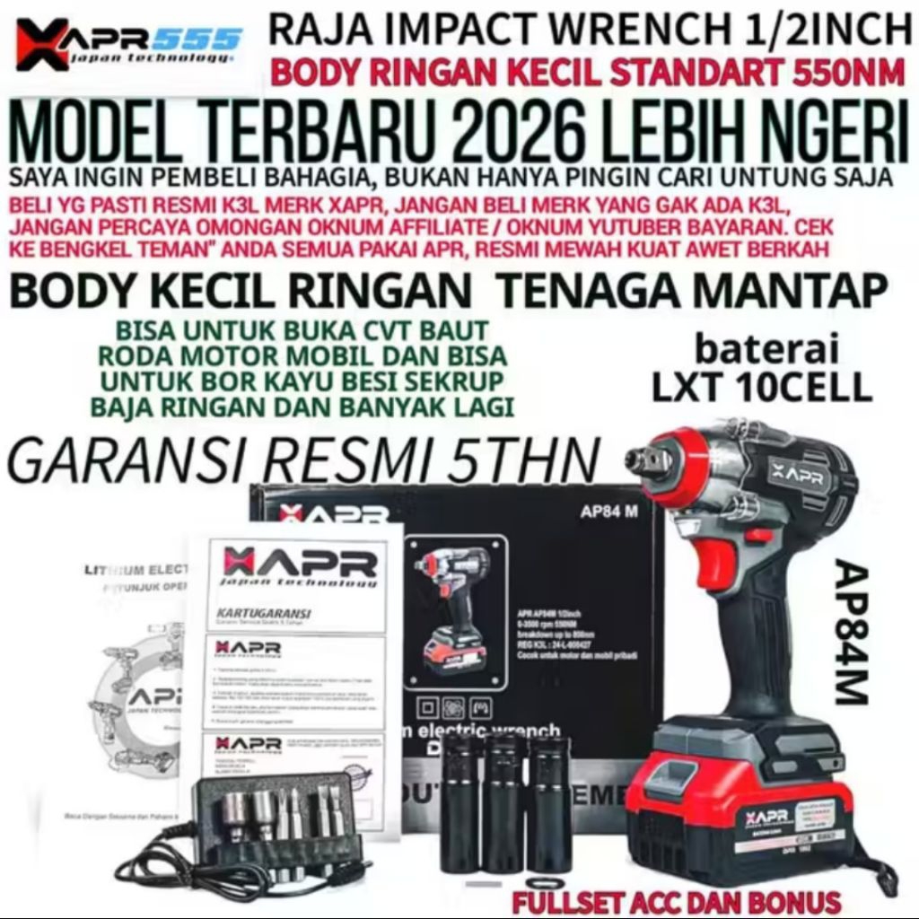 Impact Wrench XAPR 84M Terbaru | Mesin Impact Cordless | Hitam Merah | Torsi Besar & Powerful