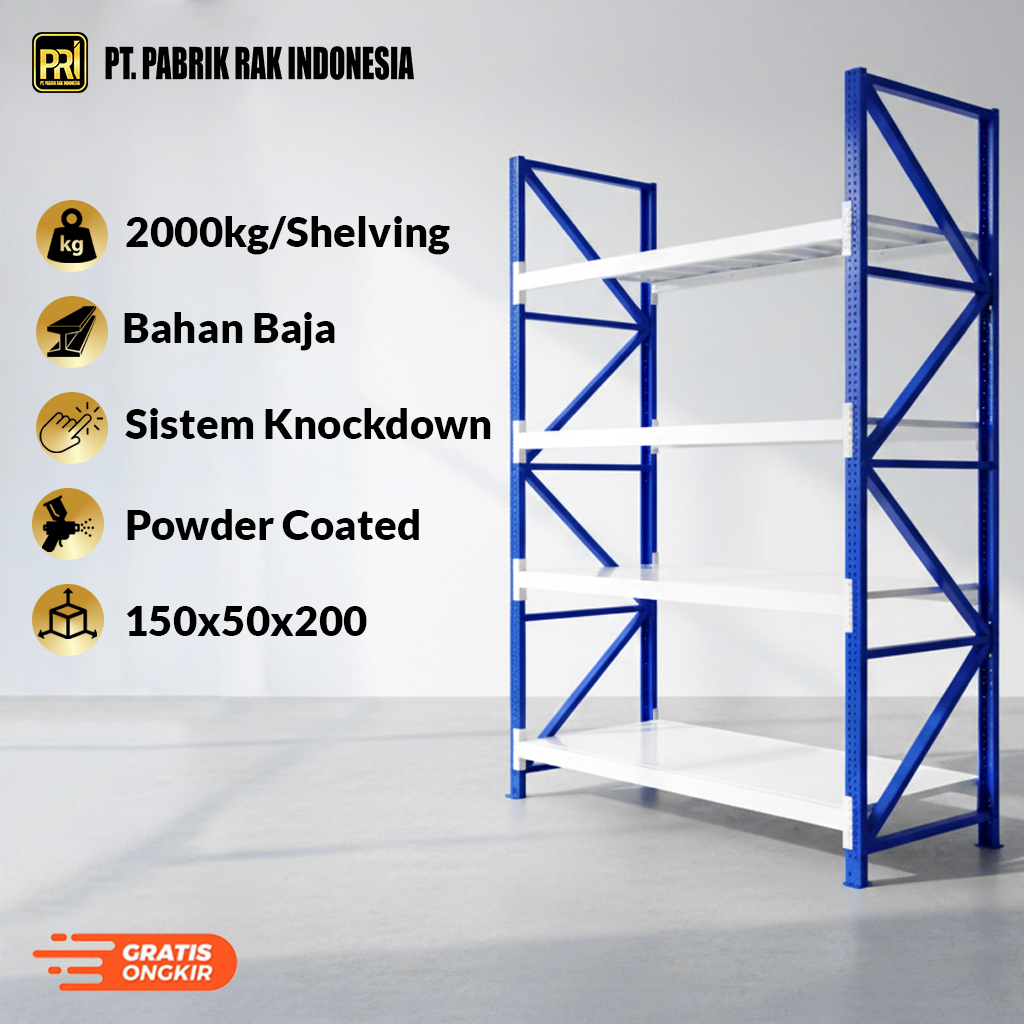 Rak Gudang Baja 2 Meter 4 Susun 2 Ton Heavy Duty Super Kuat Anti Karat Garansi 15 Tahun