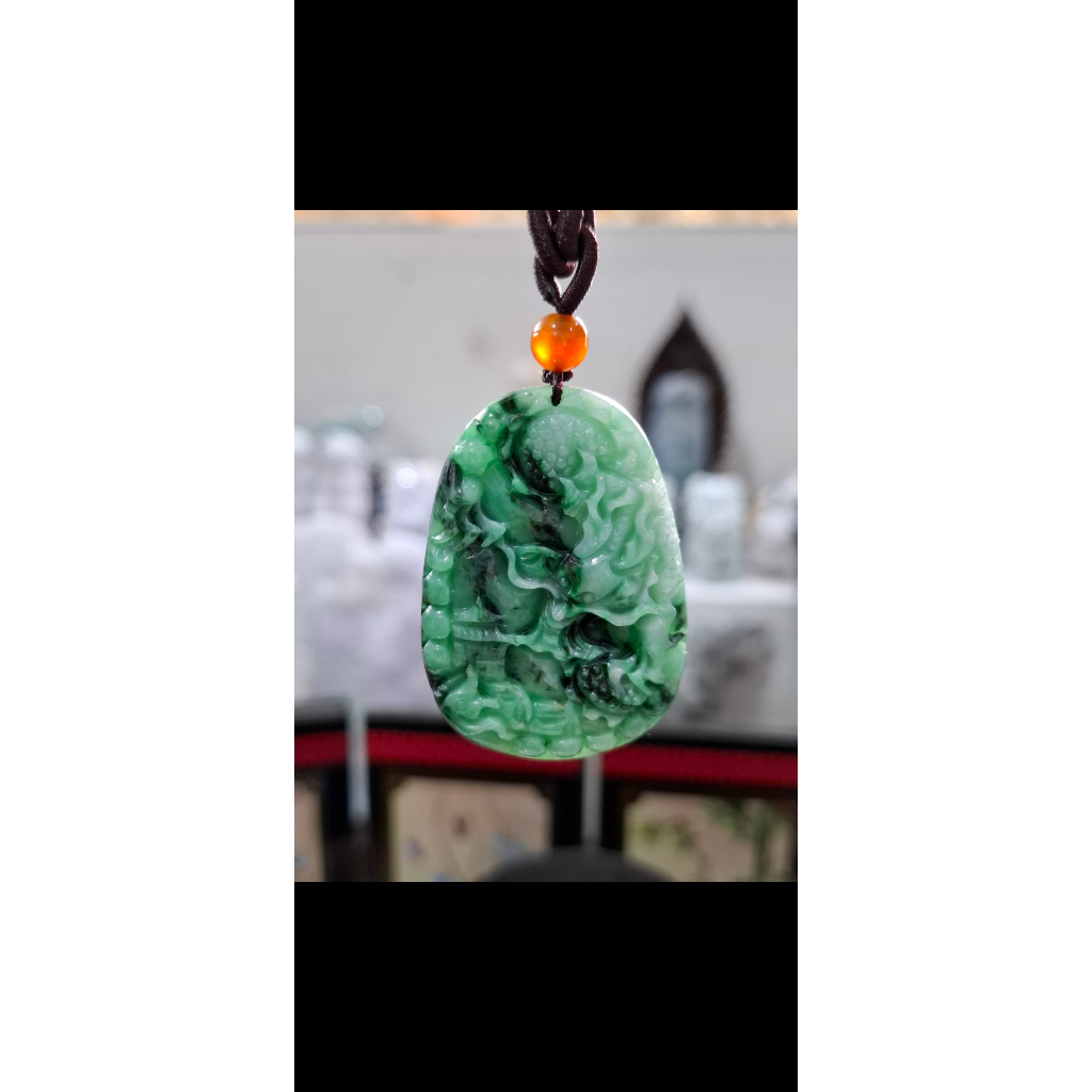 Pendant Burma Jade Jadeite Carving Naga & Shansui Hijau Imperial Natural