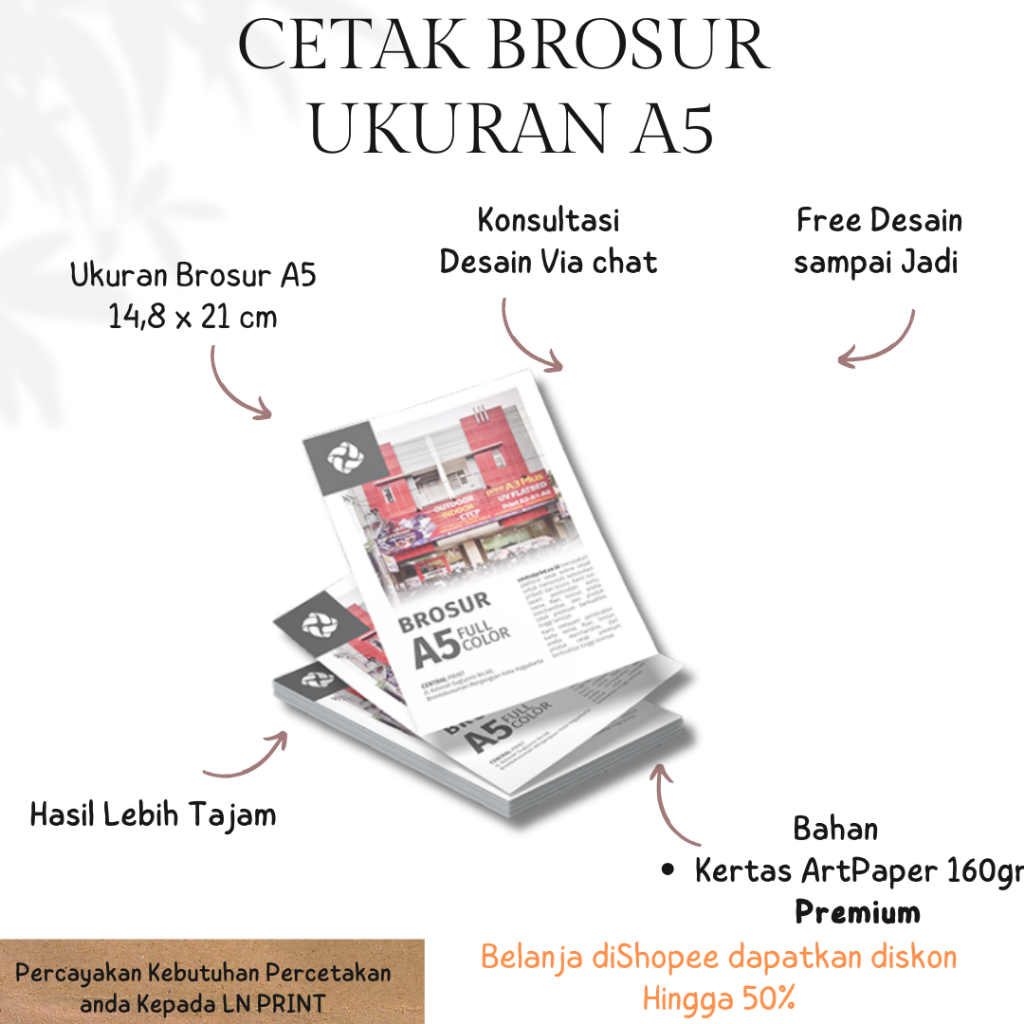 (100 Lembar )Cetak BROSUR A5 TERMURAH / BROSUR 1 sisi 2 sisi Free Desain
