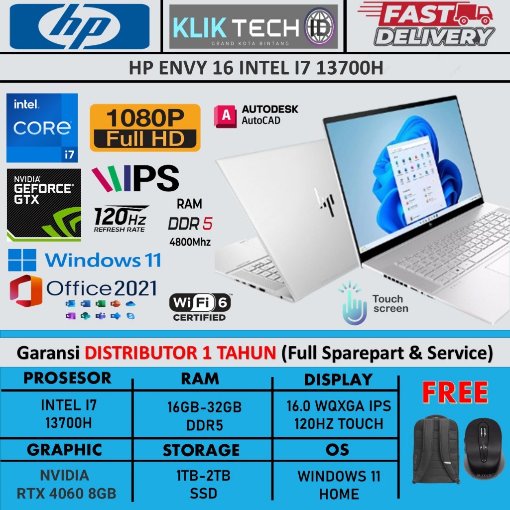 HP ENVY 16 INTEL I7 13700H 16GB DDR5 1TB RTX4060-8GB 16.0 WQXGA IPS 120HZ TOUCH BL WIN11HOME SILVER