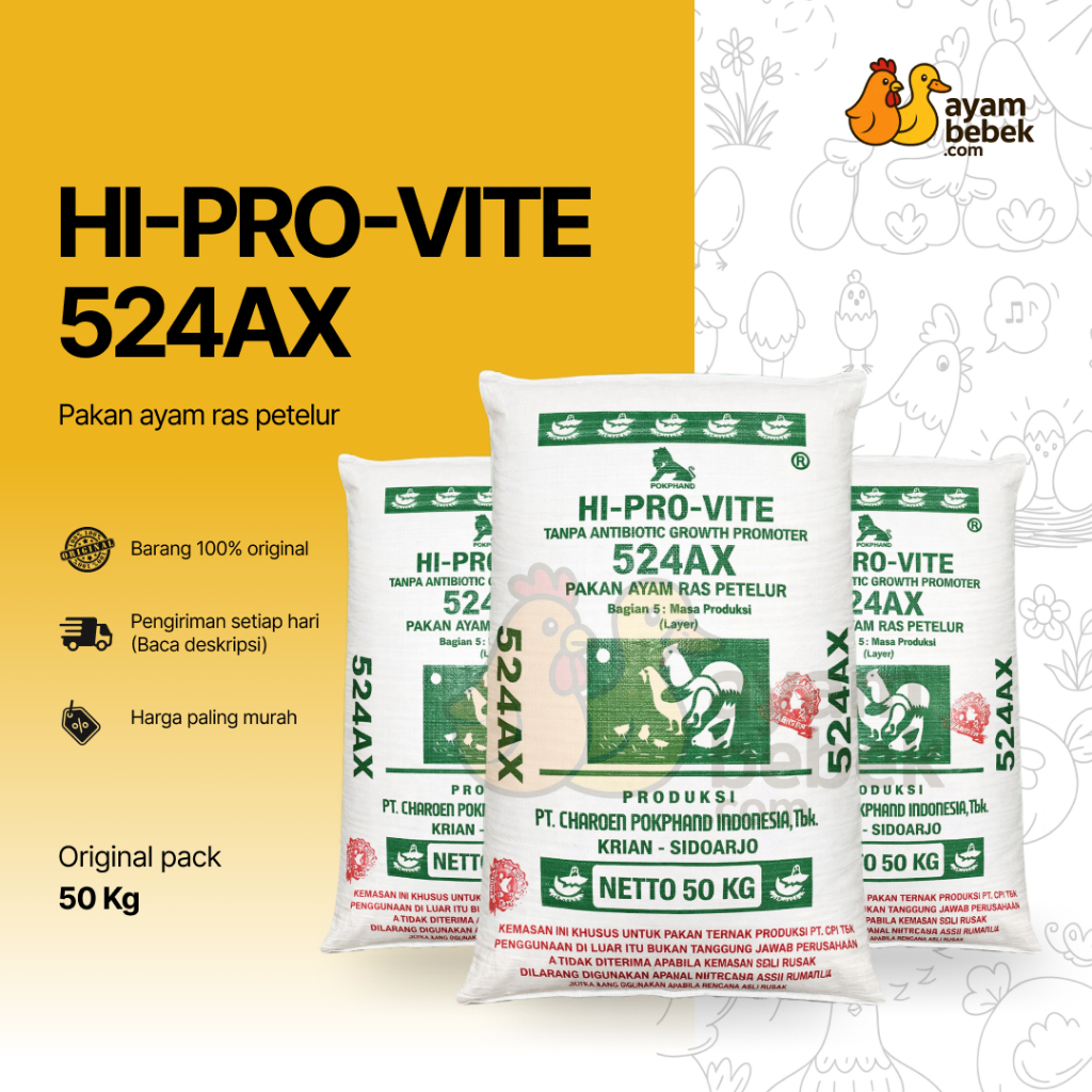 HI-PRO-VITE 524AX – Pakan Ayam Petelur Produksi | REPACK | Pokphand | AyamBebek Pakan dan Ternak