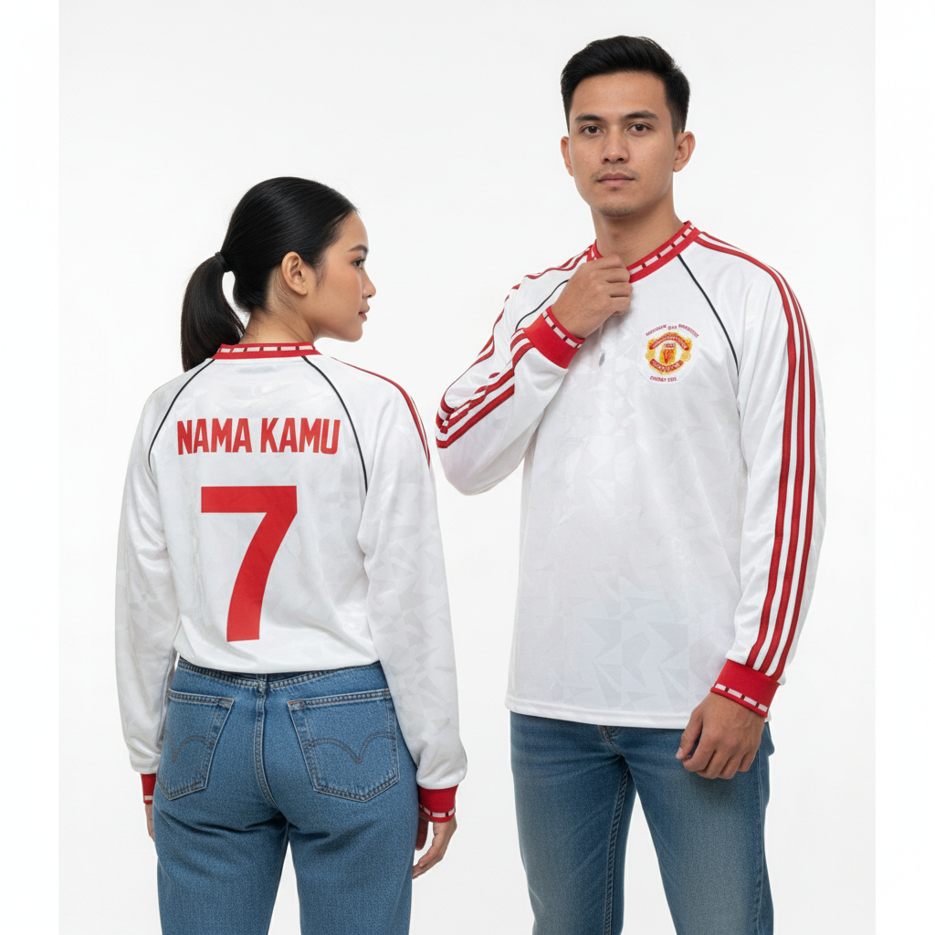 Jersey Retro LongSleeve Mnchstr Untd Away 1990 1991 M U Long Sleeve LS Lengan Panjang Baju Bola Puti