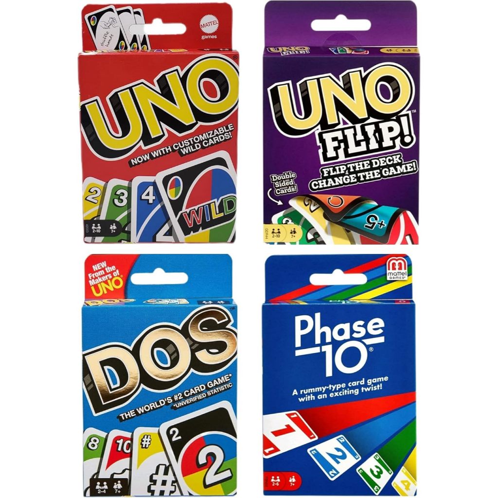 Mattel Family Card Game Variety Pack - 4 Card Game Bundle - Uno, Dos, Uno Flip, and Phase 10
