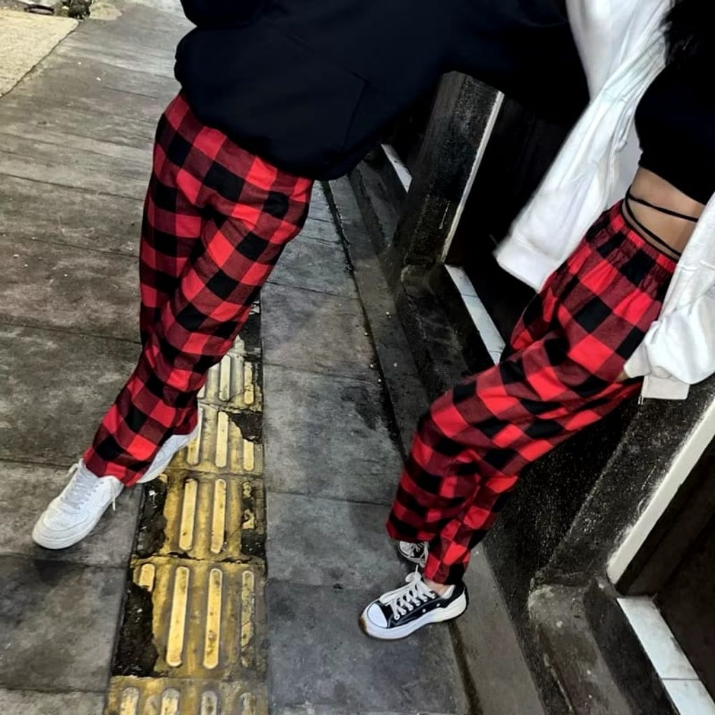 Celana Panjang Kotak kotak Flanel  Pria Wanita Casual Korean