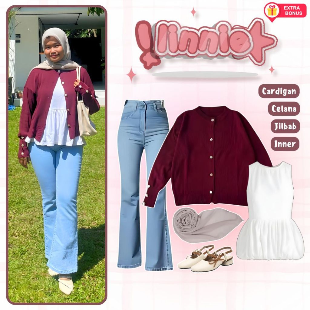 oneset 4in1 cardigan + celana jeans cutbray + inner balloon + jilbab bellasquare | ootd outfit cewek