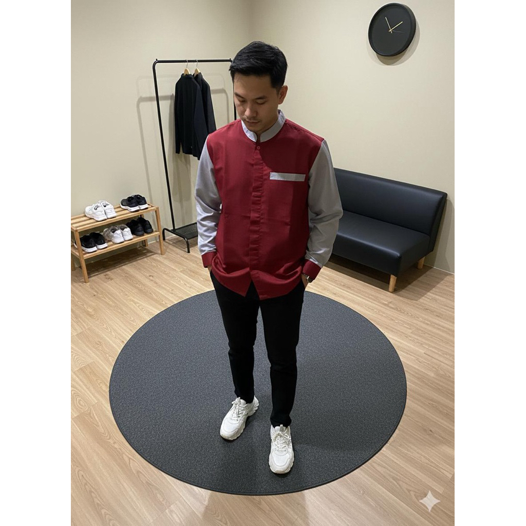 Baju Koko Pria Lengan Panjang Maroon Kombinasi Abu – Kerah Shanghai