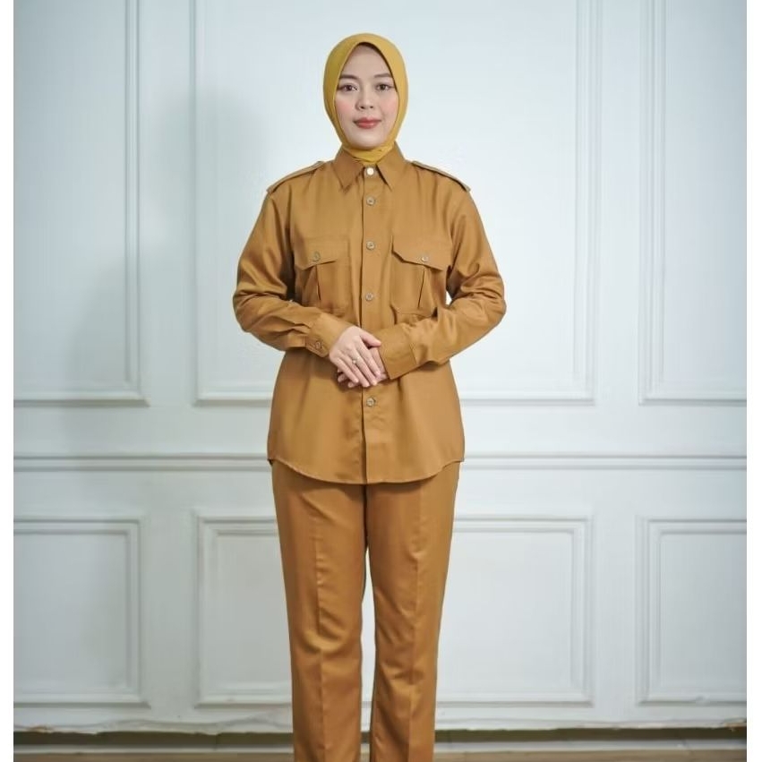 Setelan Baju Khaki PDH Wanita Celana Baju Khaki PNS Wanita Lengan Panjang Saku Kanan Kiri