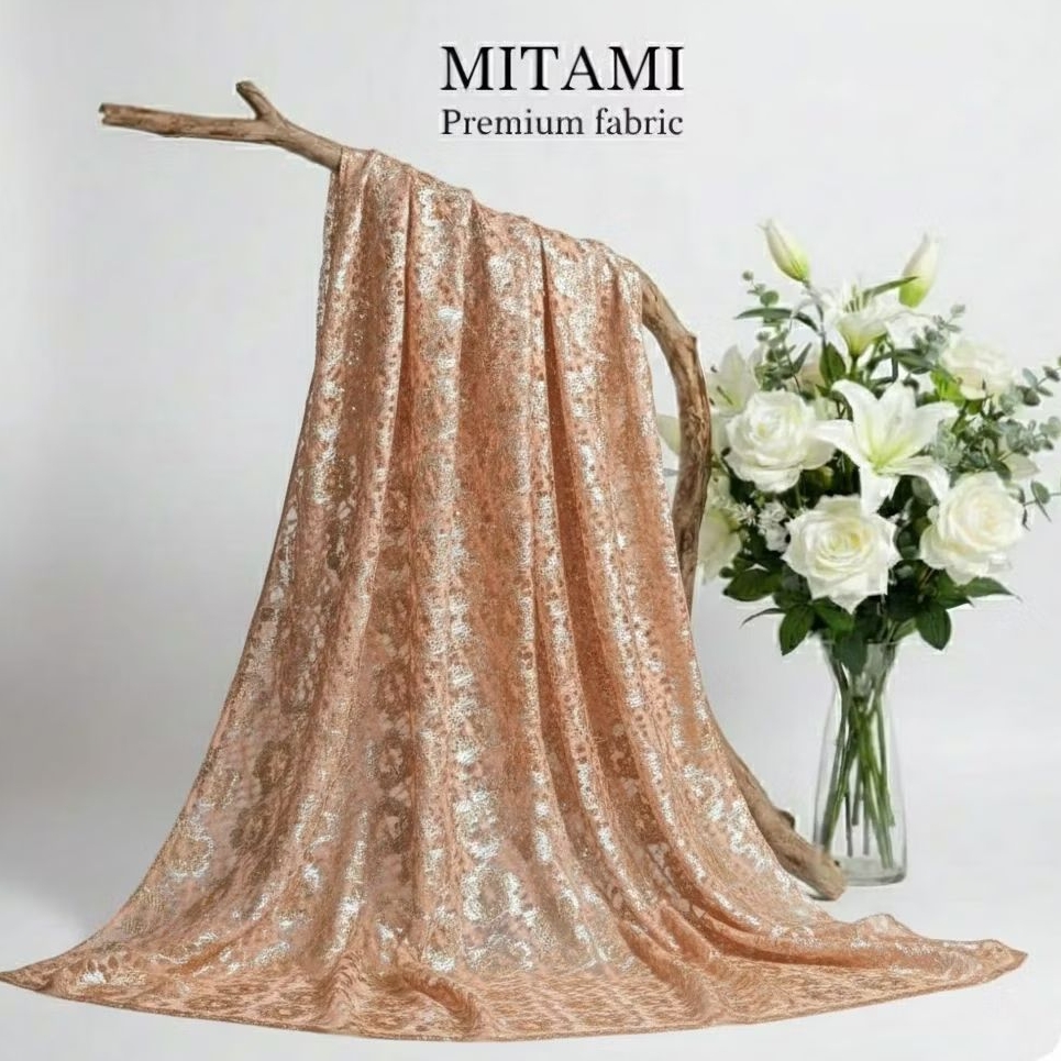 Kain Brokat Semi Prancis Metallic Gold Premium - Brokat Peach Emas Mewah untuk Kebaya & Gaun Pesta (
