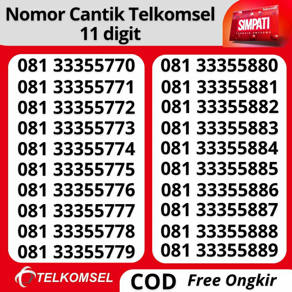 Nomor Cantik Telkomsel 11 digit 33335577 simpati 11 digit