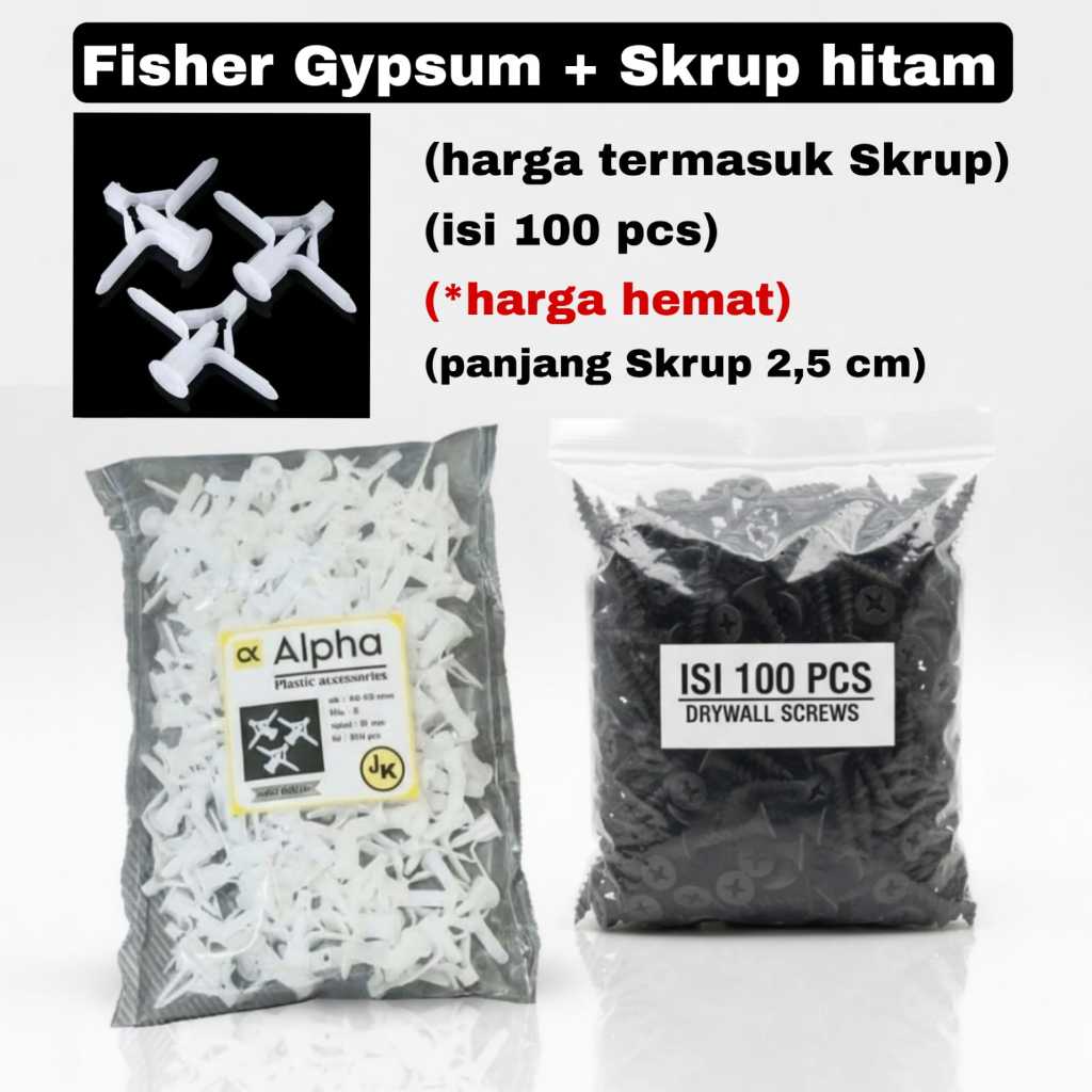 FISHER GYPSUM - (1 paket + skrup) panjang skrup 2,5 cm - HARGA PER PAKET