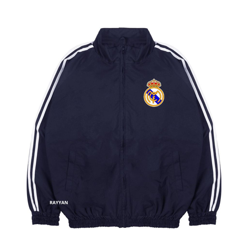 Real Madrid Jacket Tracktop Unisex Footbal Club Top Eropa / Dunia Warna Navy Blue Motif List Tangan 