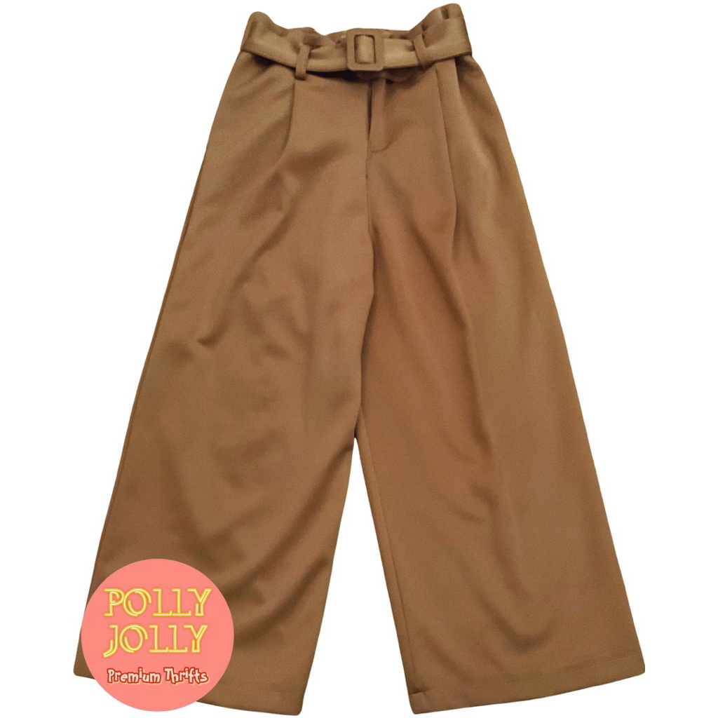 Celana Panjang Kulot Wide Leg Bahan Spandex Stretchy Pinggang Karet Ikat Pinggang Warna Kuning Musta