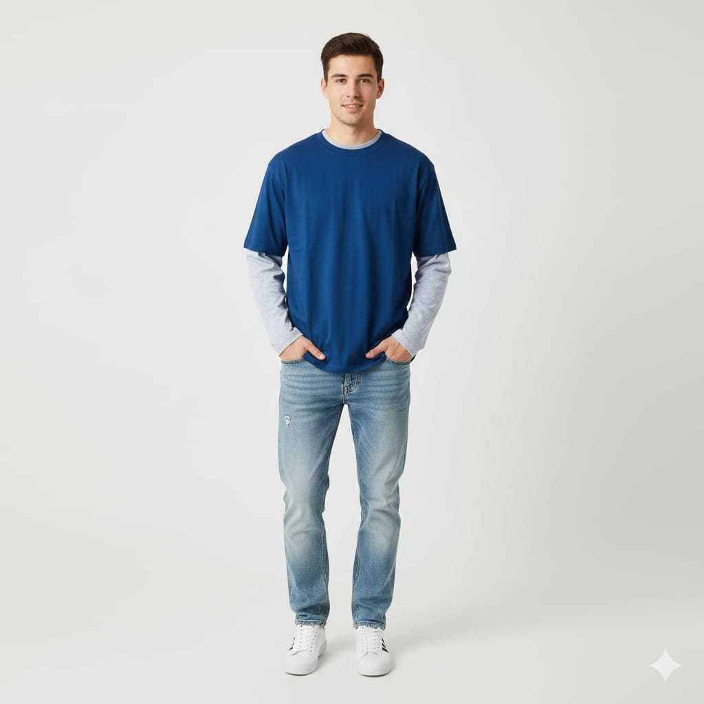COTTON KENARI - T-SHIRT BOXY OVERSIZE DOUBLE LAYER - CLASSIC NAVY VAR MISTY M71 - KAOS SKATE STREET