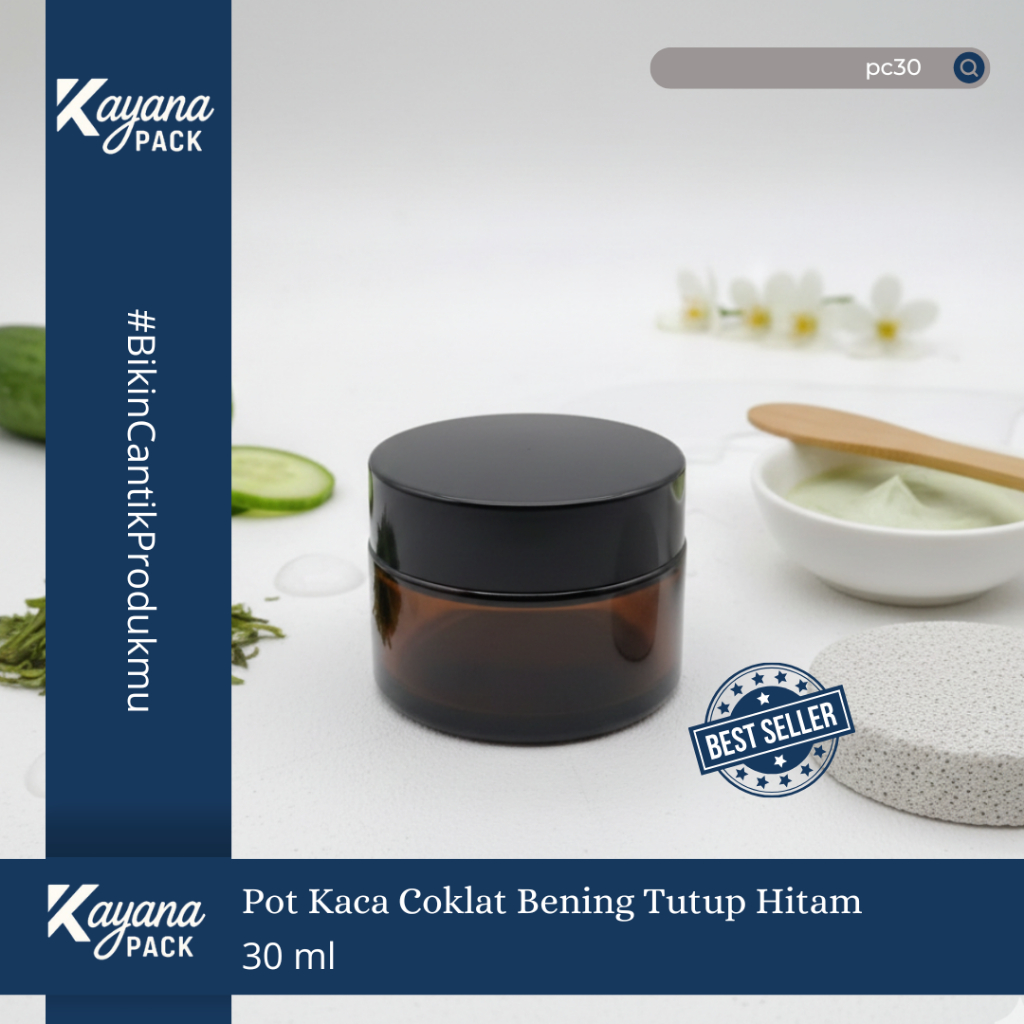 BOTOL POT JAR CREAM KRIM KACA COKLAT BENING 30GR TUTUP HITAM / POT KACA COKLAT 30 GR (PC30)