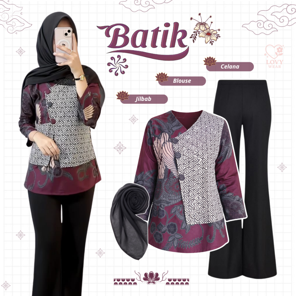 One Set Batik Modern Kekinian (Blouse Maroon, Celana Cutbray, Jilbab Bella) Outfit Kerja Kuliah - LW