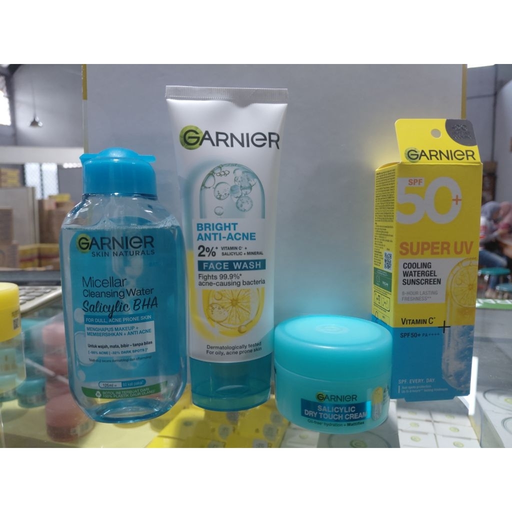 ( 1 PAKET ACNE )GARNIER FACE WASH BRIGHT ANTI ACNE 100ML || MICELLAR WATER SALICYLIC BHA || DRY TOUC