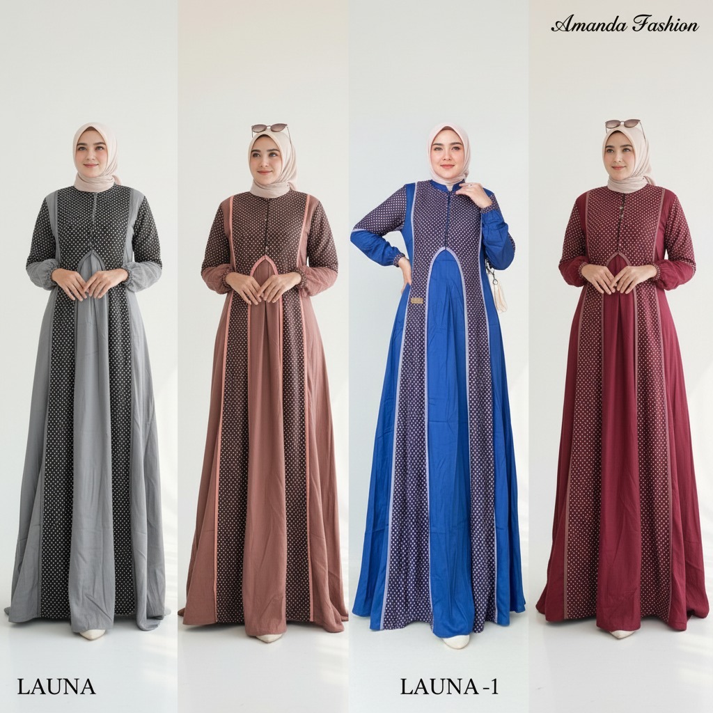 Gamis Amanda Launa Rayon Twill Premium Mix Rayon Viscose Motif Polkadot (Free Pouch, Goodie Bag)