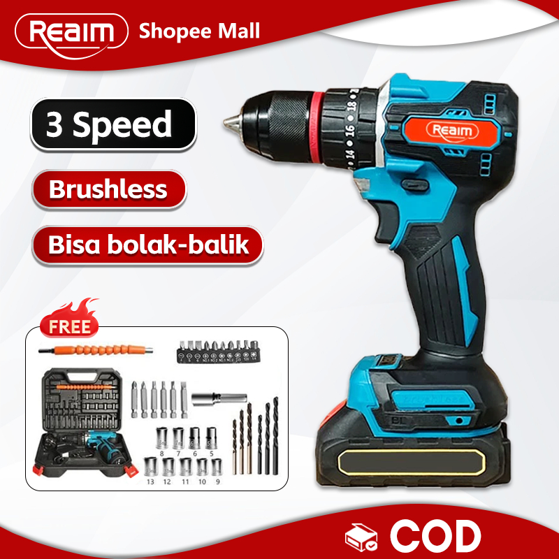 REAIM Mesin Bor Baterai 688Vf Brushless Impact Drill Bor Baterai Bor Tanpa Kabel Bor Listrik