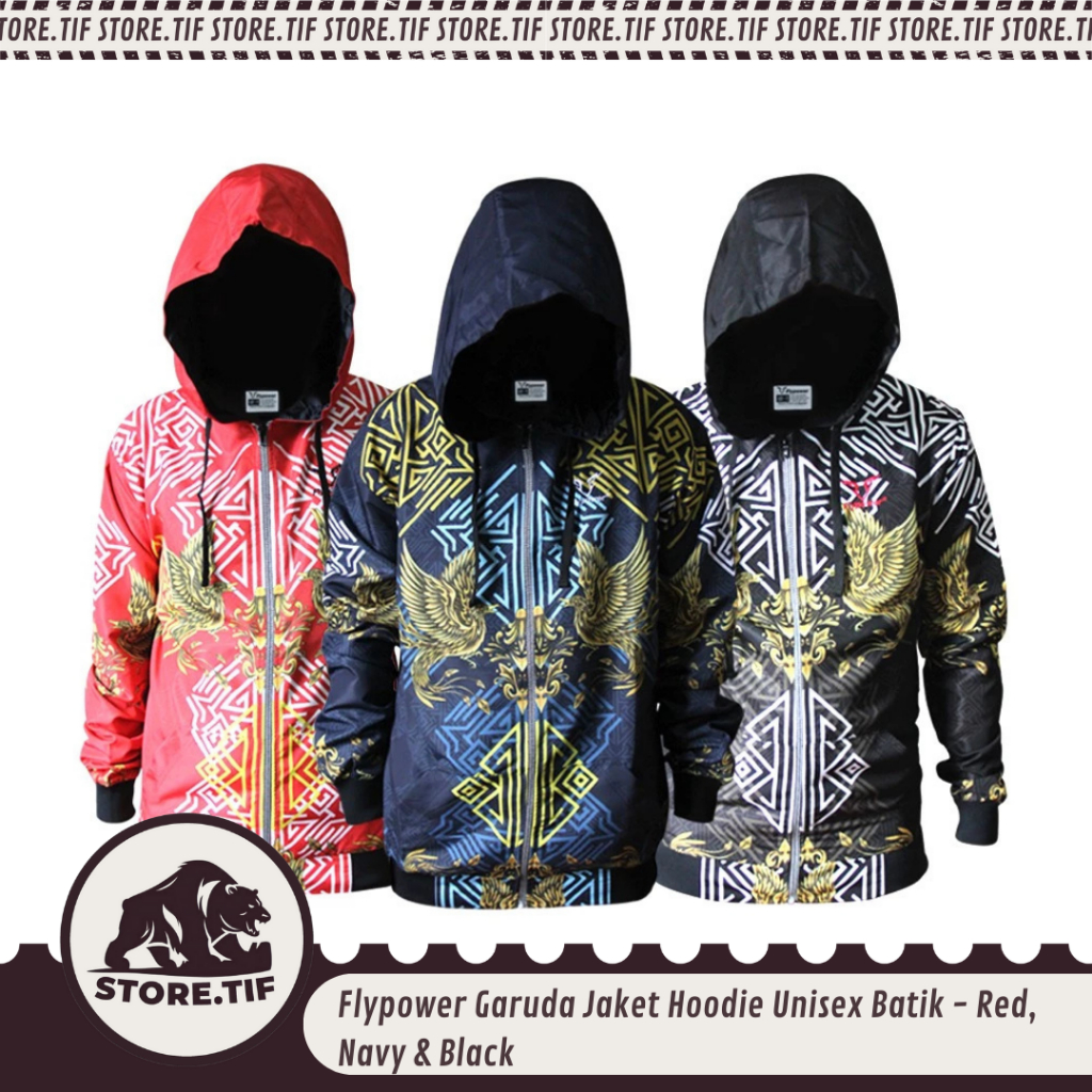Flypower Garuda Jaket Hoodie Unisex Batik - Red, Navy & Black