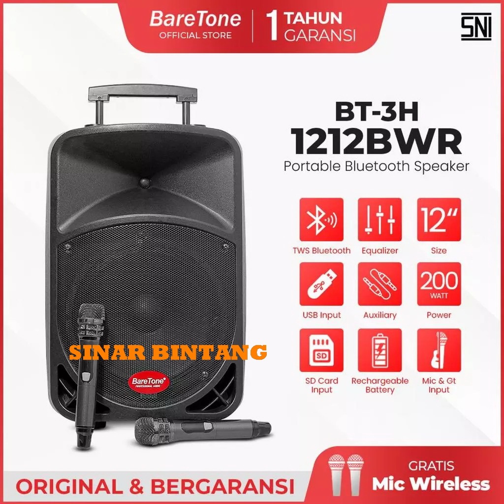 Speaker Portable Baretone MAX12HB/BT-3H1212BWR Original Speaker 15Inch Garansi Resmi