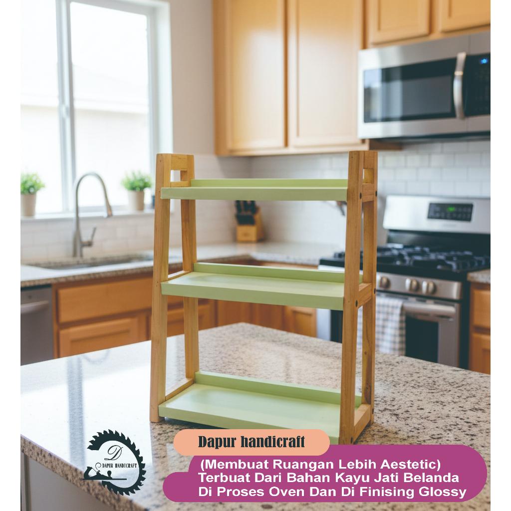 Rak Dengan Toples Bumbu Dapur Warna hijau 3 Susun / Rak Kayu Jati Belanda Serbaguna Dengan Finising