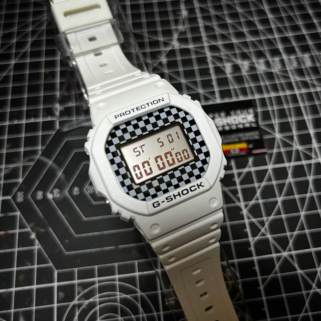 Casio G Shock DW 5600 Original Custom CHECKERBOARD Strap Bezel White Original Gshock DW5600