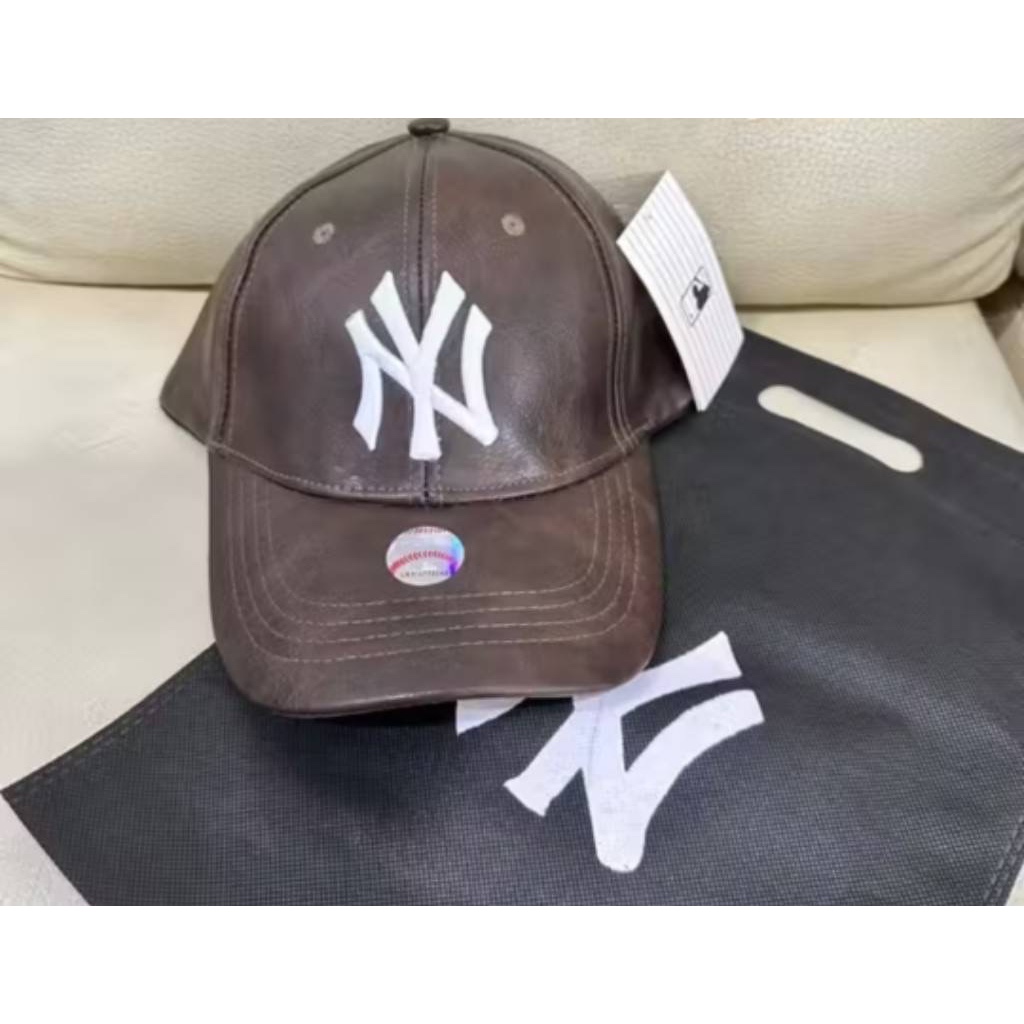 TOPI BASEBALL MLB NY LEATHER WHITE LOGO ORIGINAL BROWN CAPS / Topi Leather Brown Cap Free Goodiebag 
