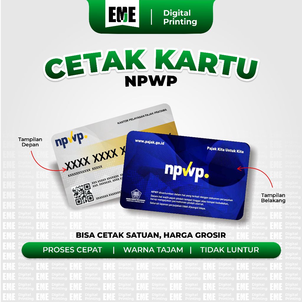 Cetak ID Card Kartu Digital Fisik Kartu NPWP PAJAK Bisa Satuan Anti Luntur Bahan PVC Tebal 2 SISI - 