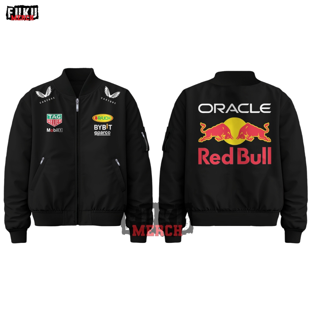 Jaket Bomber Pria Redbull Racing Oracle Rader Waterproot Hitam Taslan