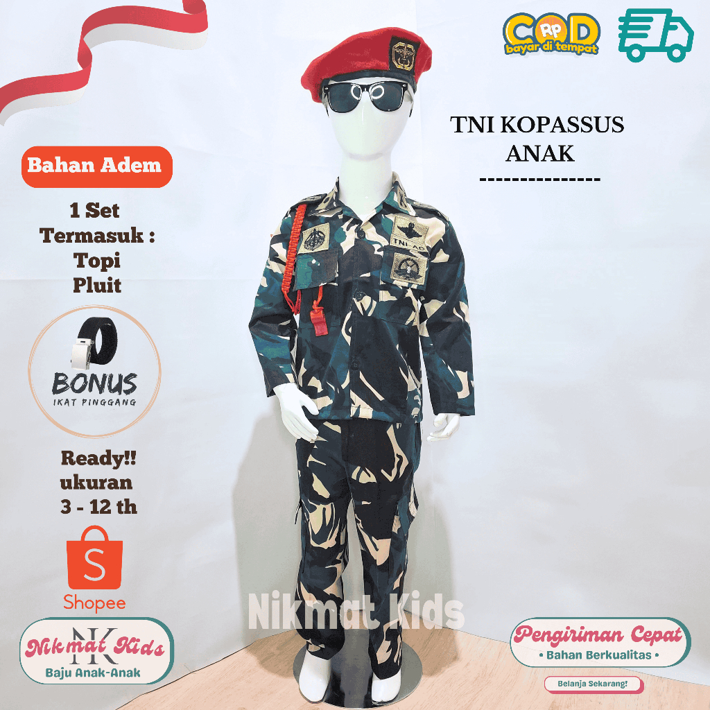Baju tentara anak baju seragam kopassus anak kostum tni ad anak baju baret merah tk paud karnaval