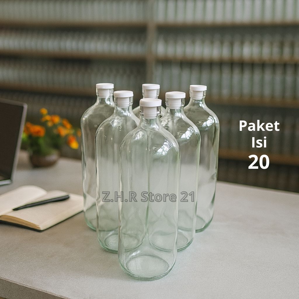 BOTOL KACA 1 LITER 20 PCS BARU - Untuk Bensin Eceran, Jamu, Madu, Minuman+Tutup