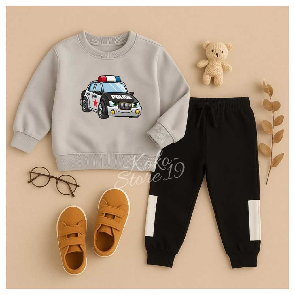 setelan jogger anak laki-laki baju tidur anak gambar mobil polisi untuk usia 2-8 thn