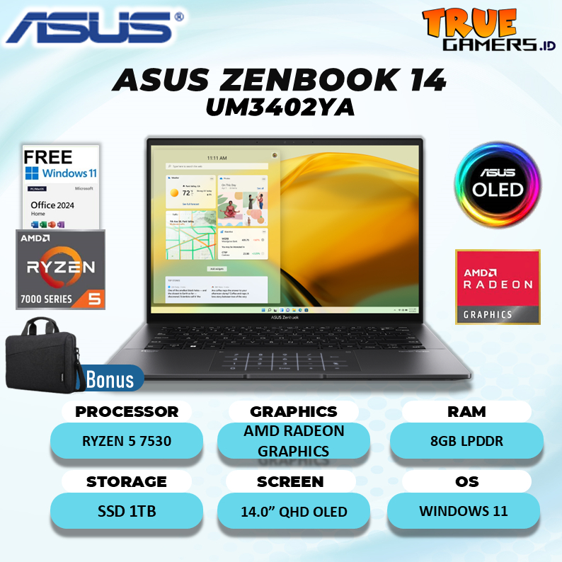 Laptop Asus Zenbook 14 OLED UM3402YA AMD Ryzen 5-7530 8GB 1TB SSD Win11+Office 14.0" QHD IPS 2.8K