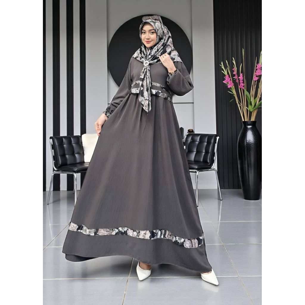 Gamis Lebaran 2025 DIAVWAR - Gamis Zena Dior Set Khimar - Bahan Dior Slik Mix Crincle premium, Busui
