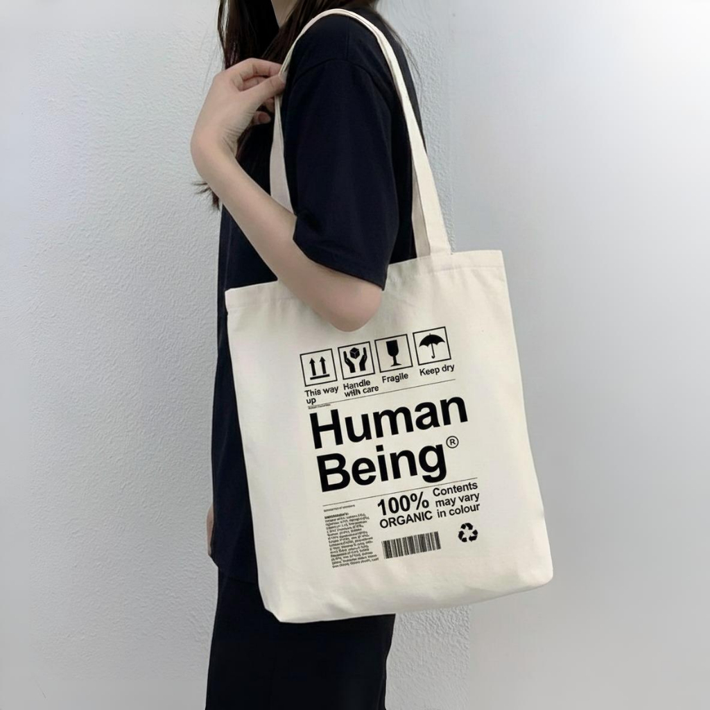 Tas Tote Bag Resleting 30x40cm Kanvas Tebal Premium Human Being Design Industrial Retro Vintage Tas 
