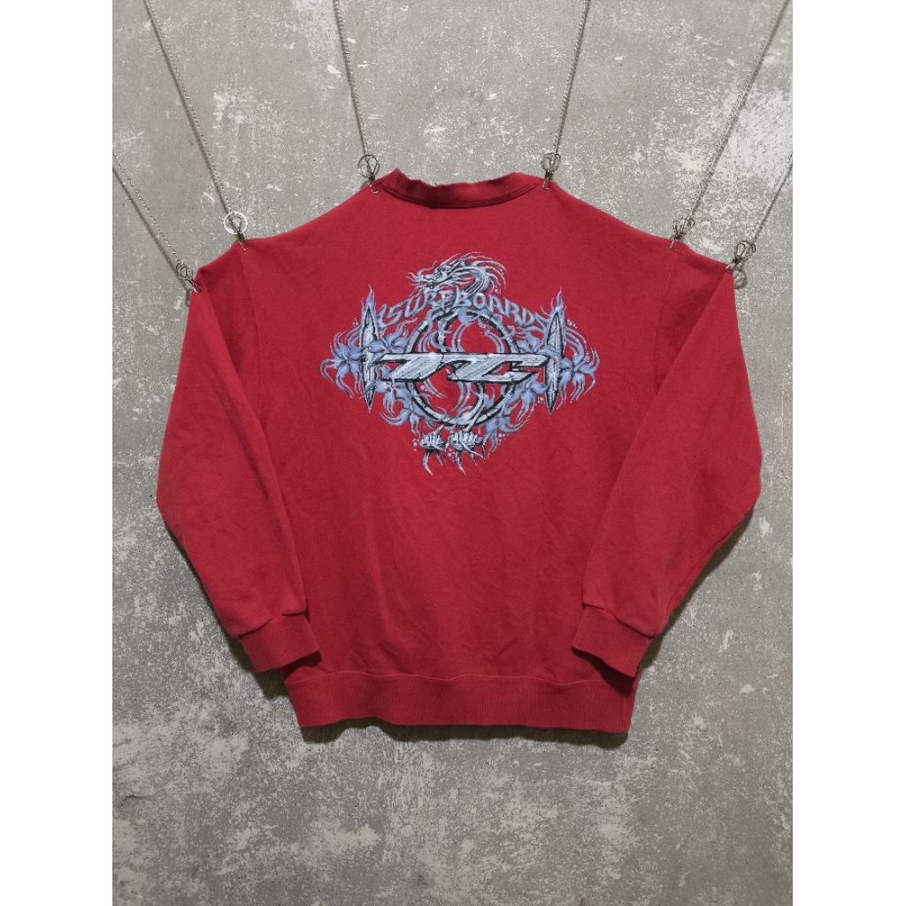 Vintage 90's T&C Surf Design Surfboard Surfwear Dragon Center Big Logo Red Crewneck
