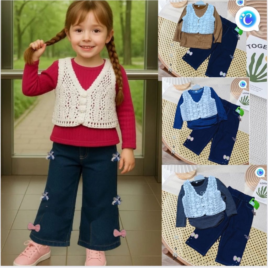 Baju Setelan lebaran 3in1 anak perempuan usia 2 3 4 5 tahun