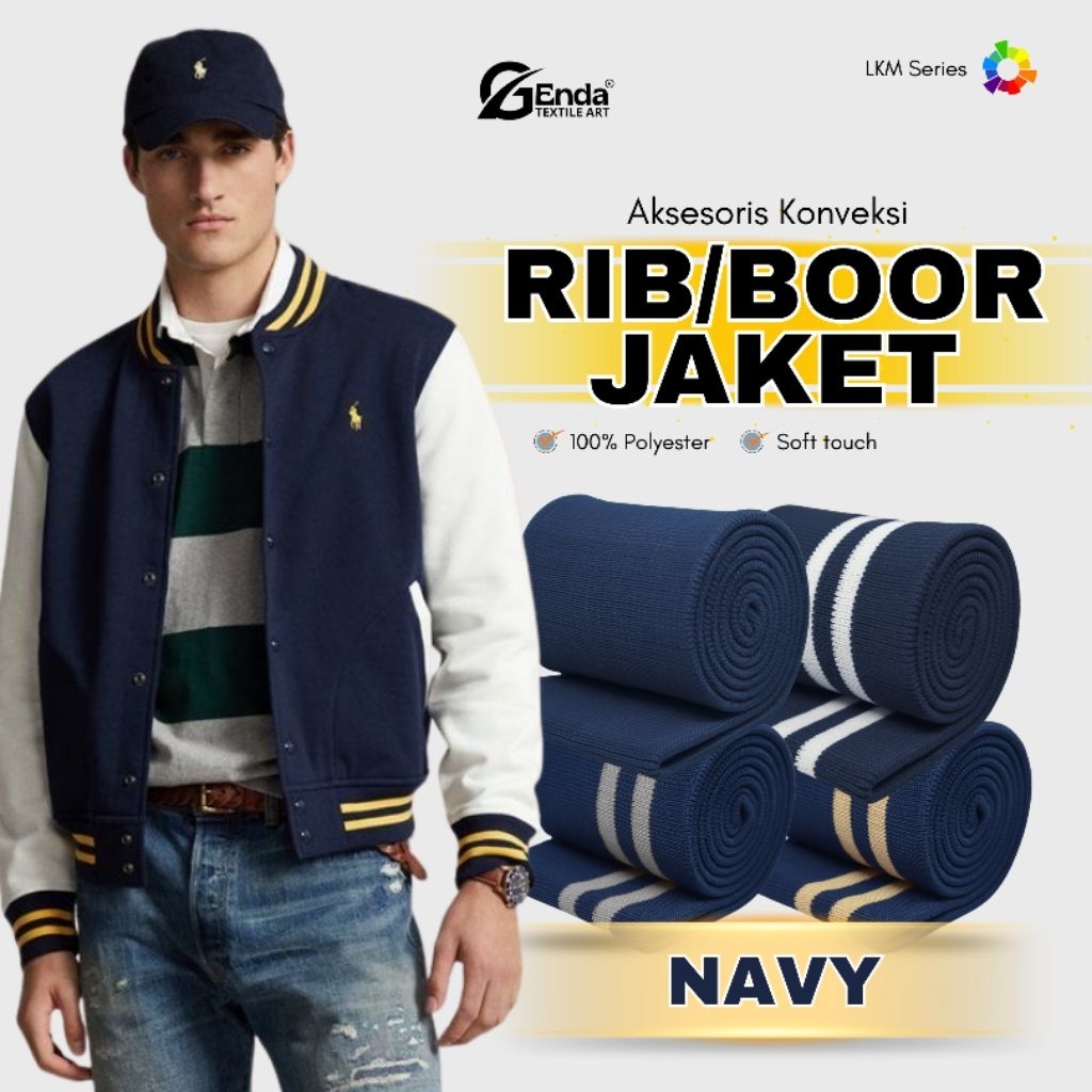 Kain rib bur jaket polyester navy biru dongker rajut premium untuk karet kerah lengan dan pinggang j