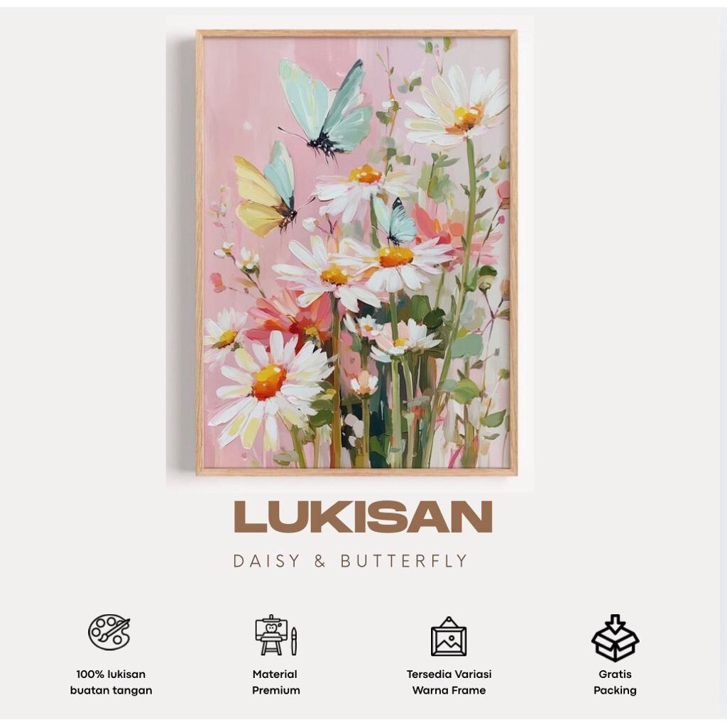 Lukisan Aesthetic Daisy & Butterfly Lukisan Dinding Kamar Korean Style Pajangan Minimalis