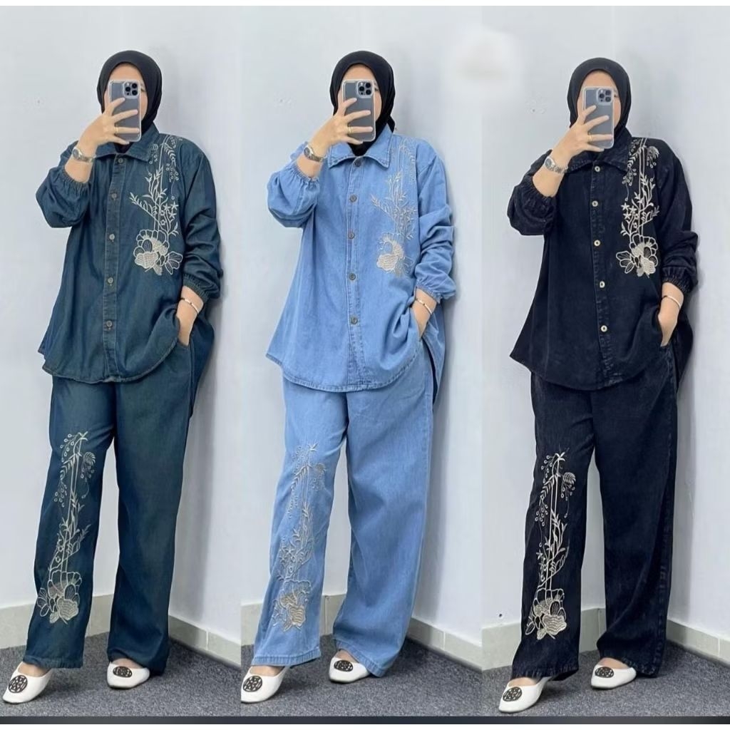 Oneset Wanita Kekinian, Setelan Jeans Denim wanita Kekinian, setelan jeans bordir kekinian, OOTD wan