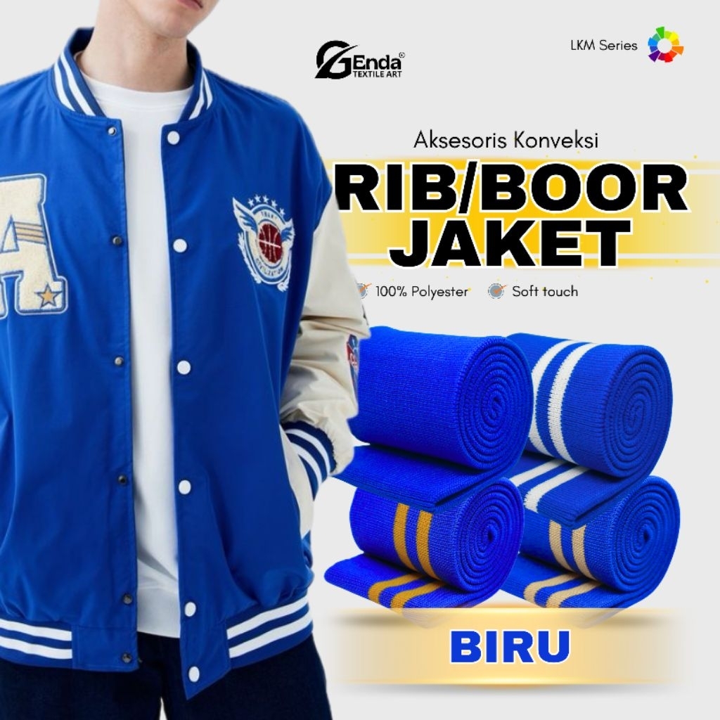 Kain rib bur jaket polyester biru benhur untuk karet kerah lengan dan pinggang jaket rajut premium