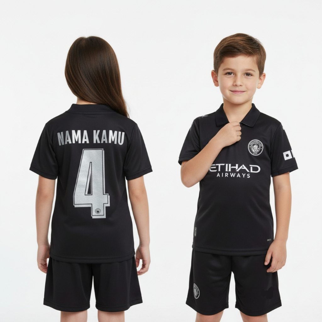 KIDS Jersey Mnchstr Cty Away 2025 2026 Baju Bola Warna Hitam Anak Patch Premier League UCL Custom Na