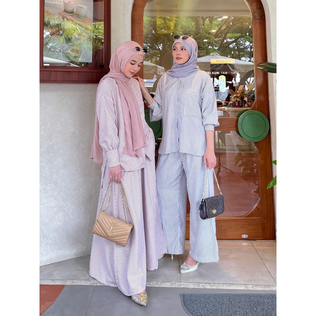 Semaii.id — NUNA SET Stripe Setelan Kemeja Celana Kulot Rok Bahan Katun Suede premium
